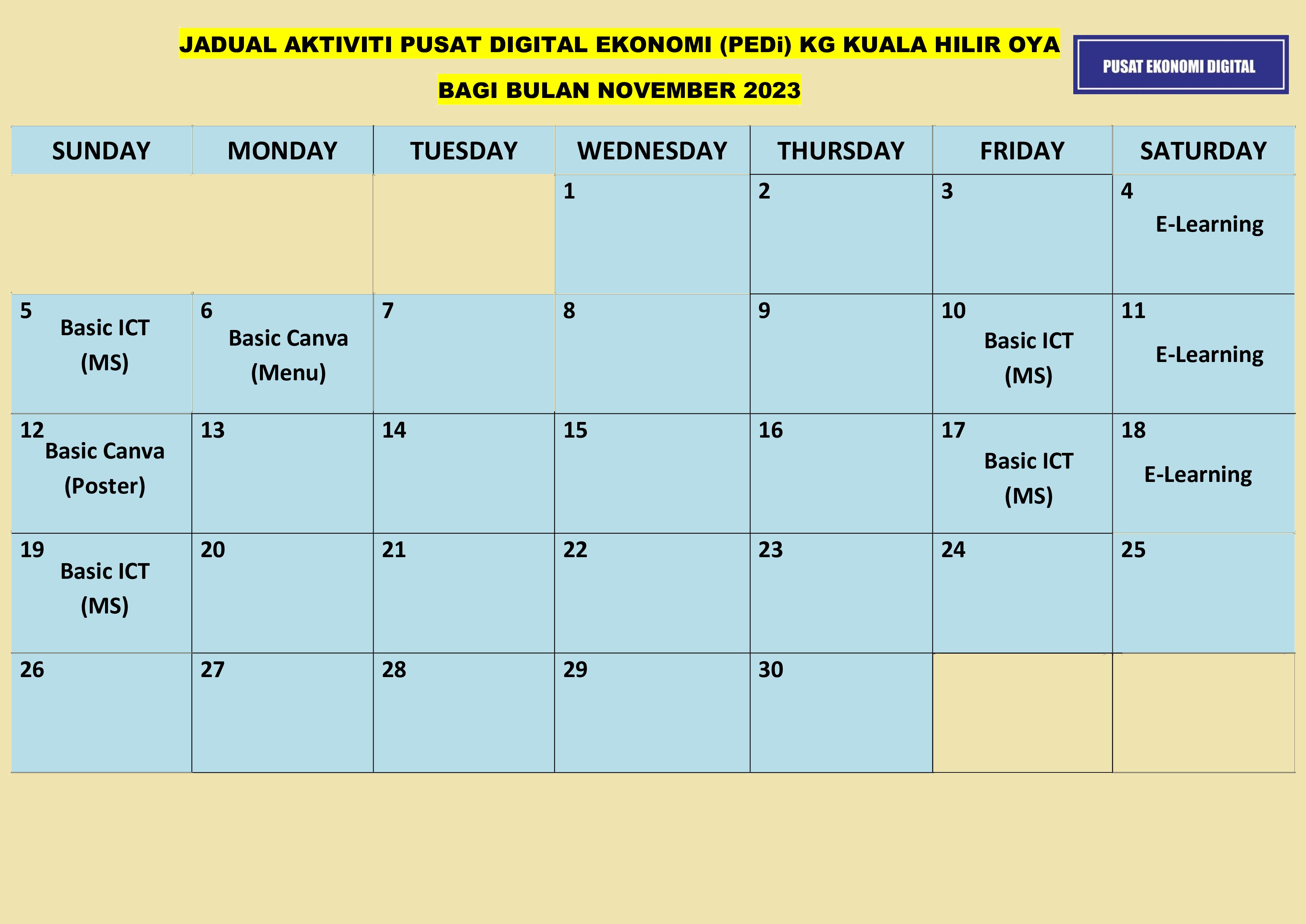 jadual PEDi Oya nov 2023